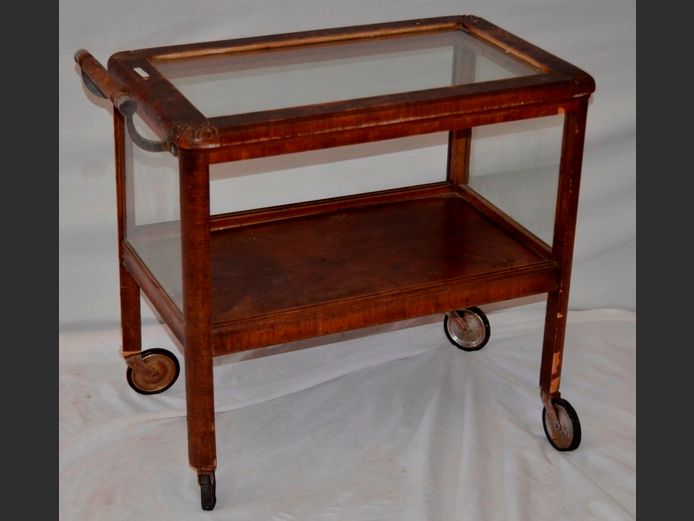 VINTAGE WALNUT FINISH GLASS TOP 2-TIER TEA TROLLEY, 71 x 44 x 68cm [Needs some TLC]