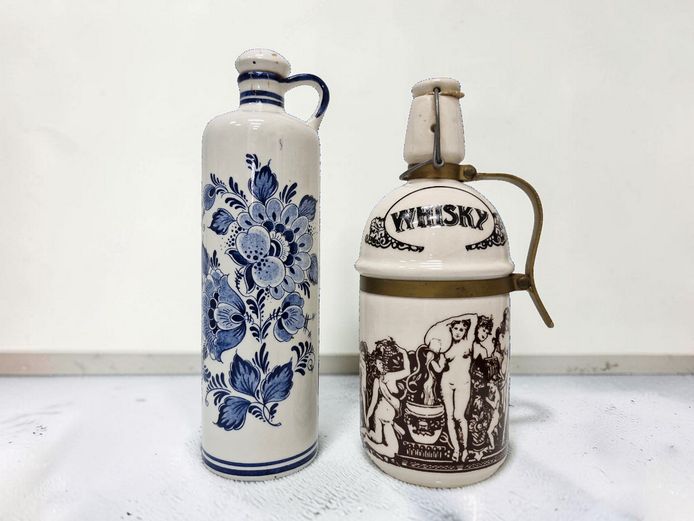 Vintage Delft Blue Bols & Whisky Ceramic Decanter Duo