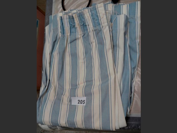 PAIR BLUE & WHITE STRIPED CURTAINS