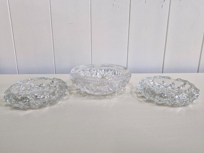 Set of 3 Pressed Glass Ashtrays- Geometric Cut Designs