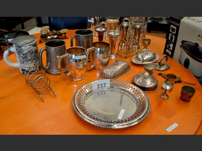 SILVER PLATE PIERCED BOWL, SILVER PLATE BEER MUGS, PEWTER BEER MUGS, etc
