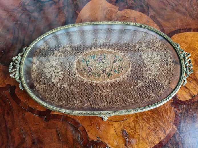 Vintage Itaian Ornate Brass & Glass Tray