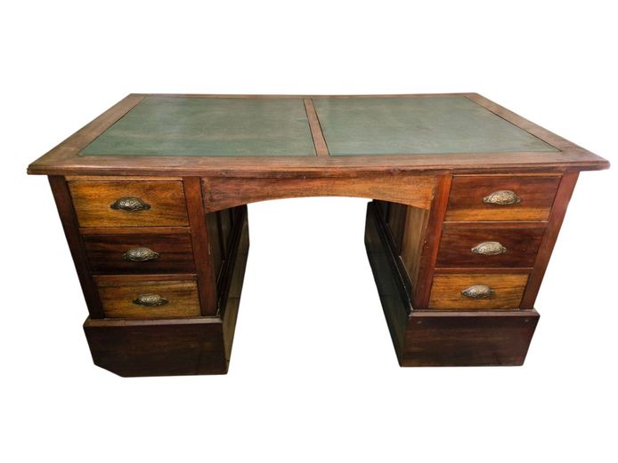 Antique Twin Partners Pedestal Desk with Leather Inlay Top