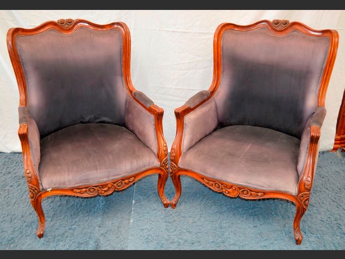 PAIR FRENCH STYLE CARVED MAHOGANY ARMCHAIRS