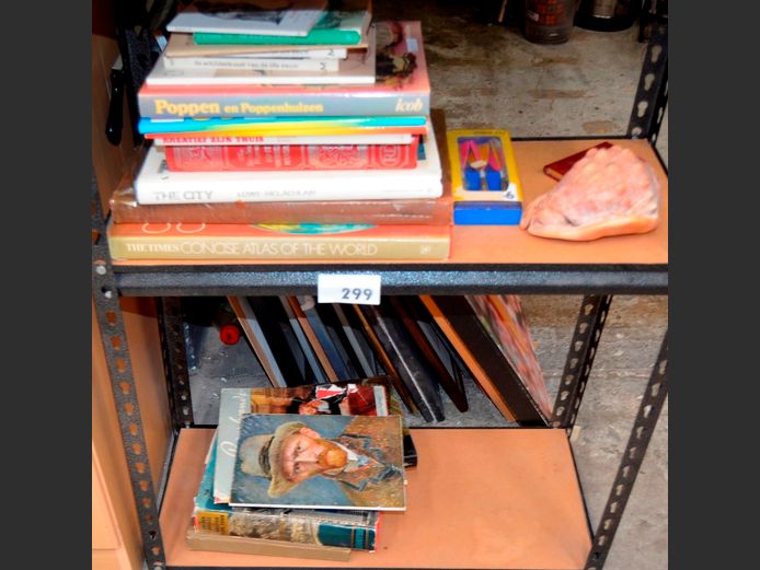 LOT ON 2 SHELVES: ASSORTED BOOKS, SEASHELL, DARTS, etc