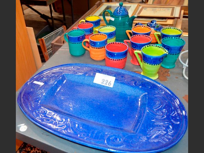 HAND PAINTED POTTERY MUGS, PLATTER, etc