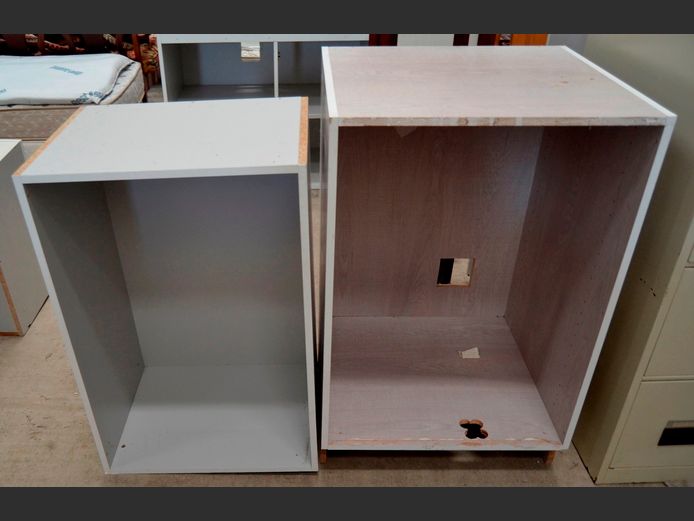LOT OF 2: OPEN WALL MOUNT CABINETS, 63 x 58 x 97cm & 57 x 44 x 88cm [Need edging]