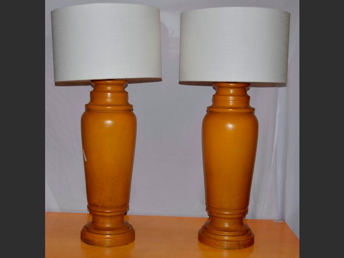 PAIR WOODEN TABLE LAMPS WITH SHADES, 87cm High