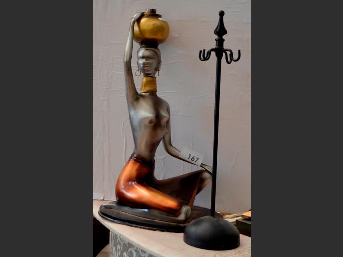 RESIN FIGURINE "KNEELING AFRICAN LADY", 38 x 30 x 63cm [Damaged] & A FIRE IRON STAND