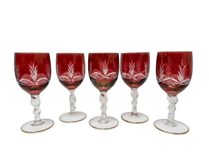 Vintage Bohemian Ruby Red Cut-to-Clear Wine Glasses (Set of 5)