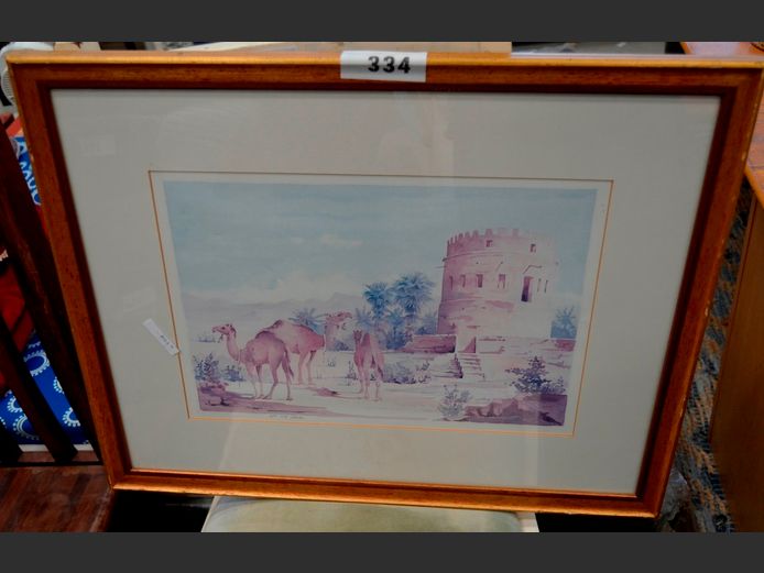 GILT FRAMED PRINT "CAMELS" SIGNED D. WEGERA, 38.5 x 26.5cm