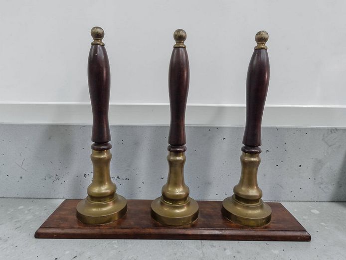 Vintage Set of Three Brass and Turned Wood Pub Beer Tap Handles