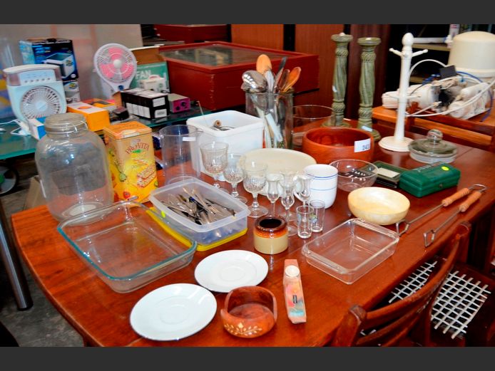 GLASS COOKIE JAR WITH LID, CANDLE HOLDERS, GLASSES, CUTLERY, etc
