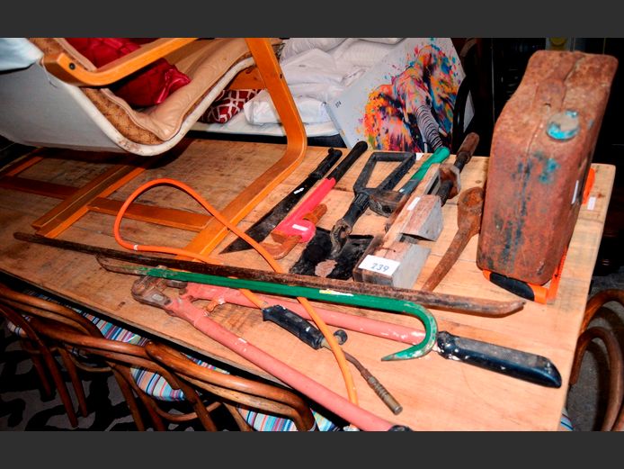 BOLT CUTTER, HACKSAW, WRENCH, PANGA, RUSTY METAL JERRY CAN, etc