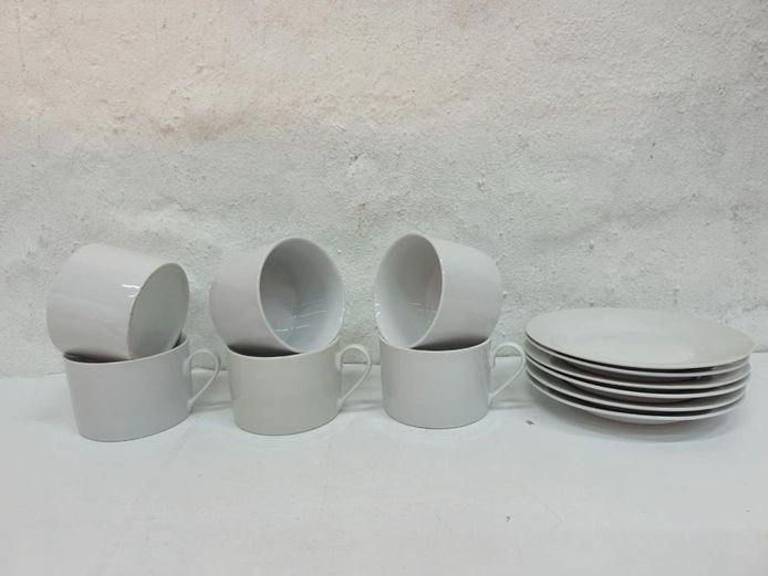 Set of 6 Plain White Ceramic Tea Cups and Saucers