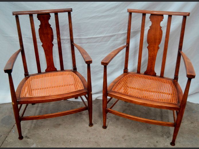 PAIR EDWARDIAN MAHOGANY ARMCHAIRS WITH RATTAN SEATS & CUSHIONS