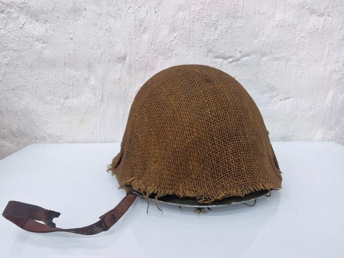 Vintage Military Combat Steel Helmet with Textured Hessian Burlap Camouflage Cover