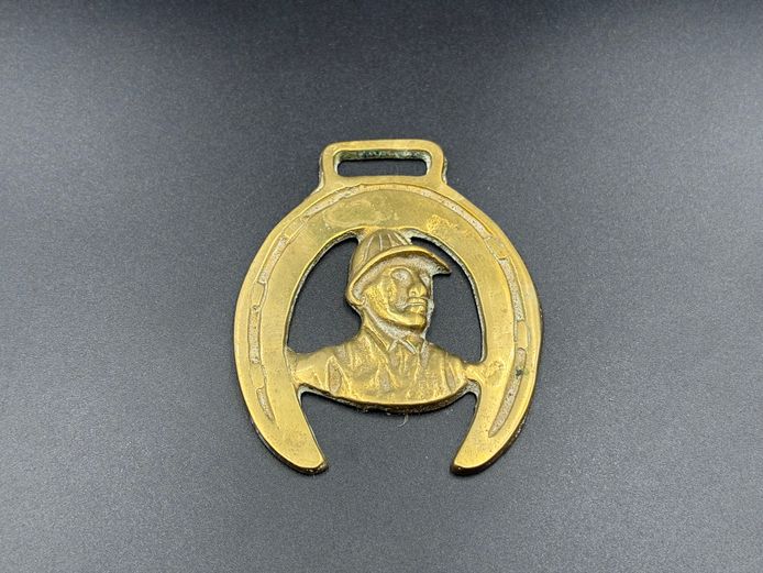 Vintage Brass Horse Harness Medallion – Jockey Portrait in Horseshoe Border Design