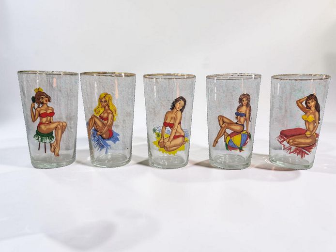 Set of 5 Vintage Mid-Century Frosted Pin-Up Girl Tumblers