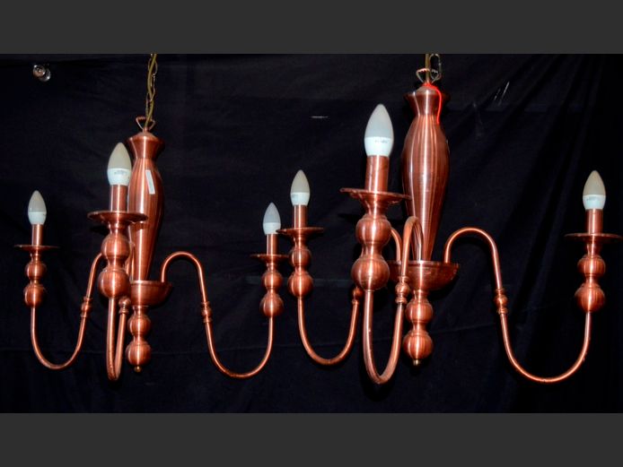PAIR COPPER COATED 3-ARM CHANDELIERS, 60cm Diameter x 50cm High