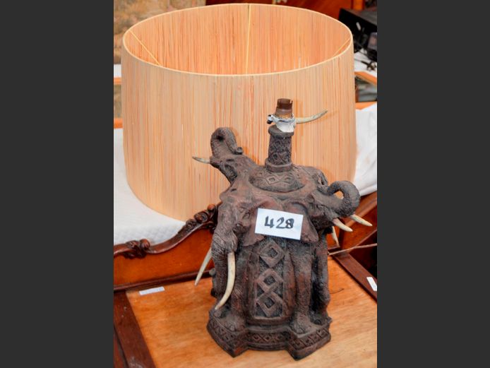 ELEPHANT TABLE LAMP WITH STRAW SHADE [Some tusks needed, fitting needs replacing]