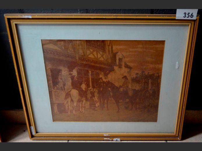 FRAMED VINTAGE PRINT "MEN ON HORSEBACK", 45 x 36cm