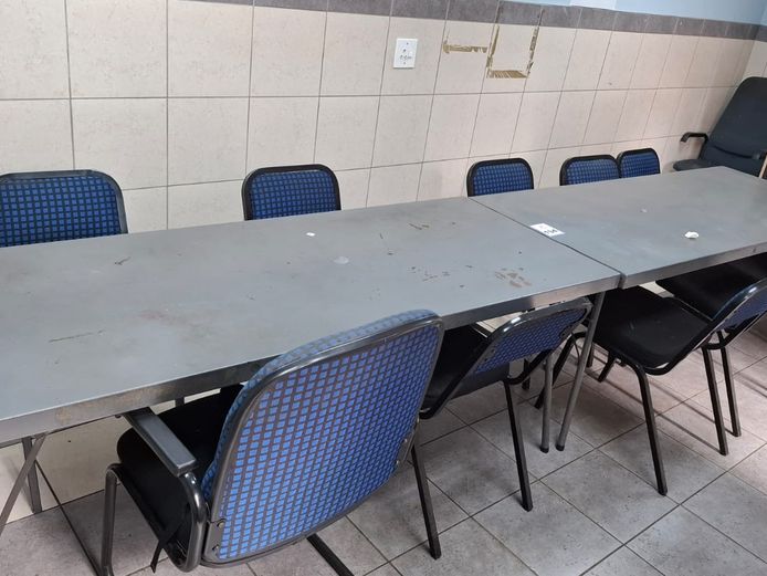 2 Steel tables & 11 metal chairs