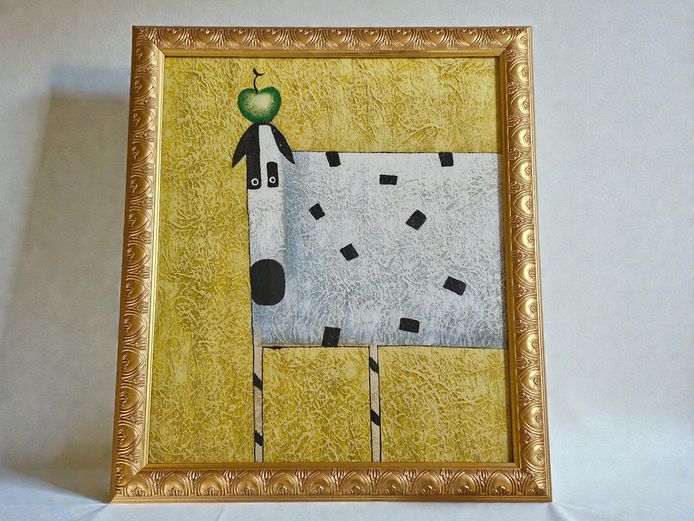 Textured Whimsical Abstract Spotted Dog Painting Framed