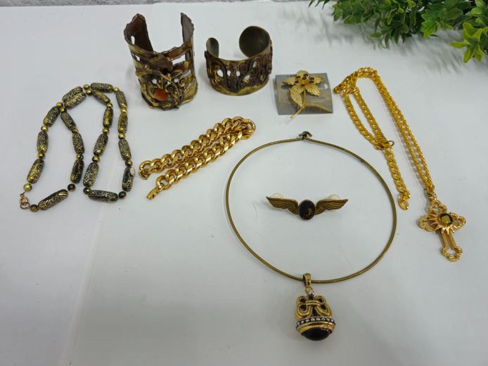 Costume Jewelry Lot - Necklaces, Brutalist Cuffs, Cross, Brooches