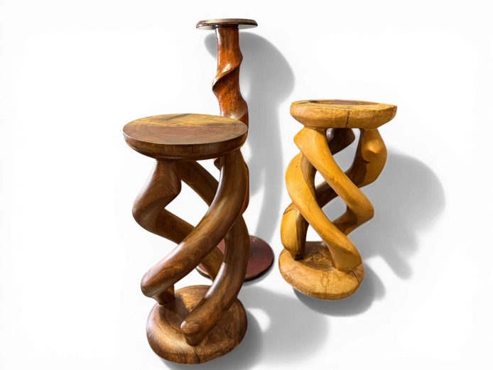 Hand-Carved Wooden Sculptural Stools / Plant Stands (Set of 3 + Stand)