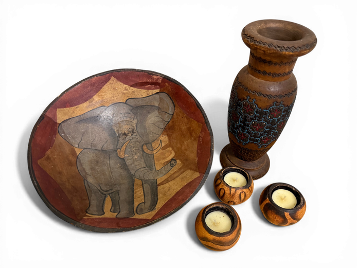 African-Themed Decor Collection (Elephant Tray, Vase & Candle Holders)