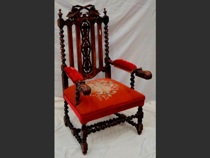 VINTAGE CARVED OAK ARMCHAIR WITH TAPESTRY SEAT [Upholstery worn]