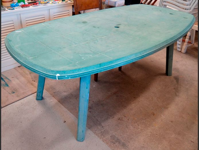 GREEN PLASTIC PATIO TABLE, 180 x 100 x 69cm [Weathered]
