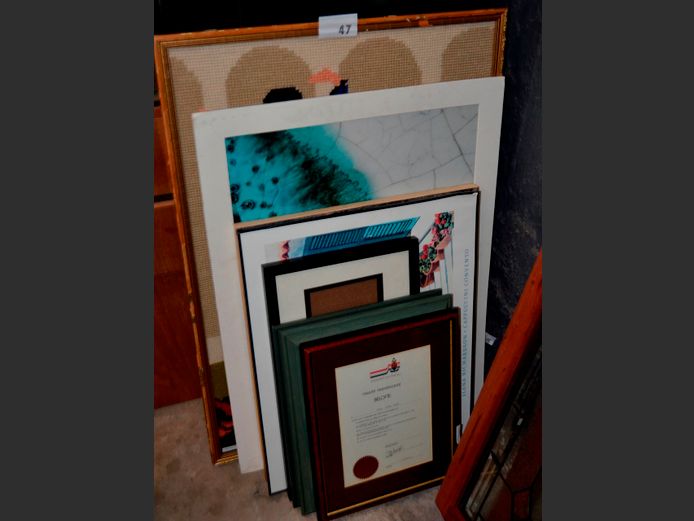 FRAMED PRINTS, GILT FRAMED TAPESTRY "DANCING COUPLE", PHOTO FRAMES, etc