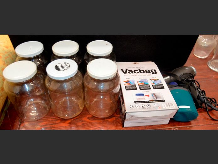 TONI & GUY HAIRDRYER [Switches on, untested further], VAC BAGS, LARGE GLASS STORAGE CONTAINERS WITH LIDS, etc