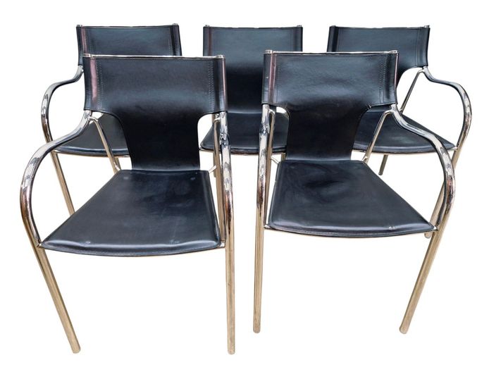 Set of 5 Black Faux Leather and Chrome Armchairs