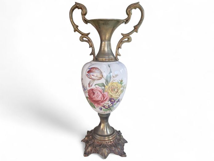 Antique Portuguese Ceramic Amphora Vase with Cast Brass