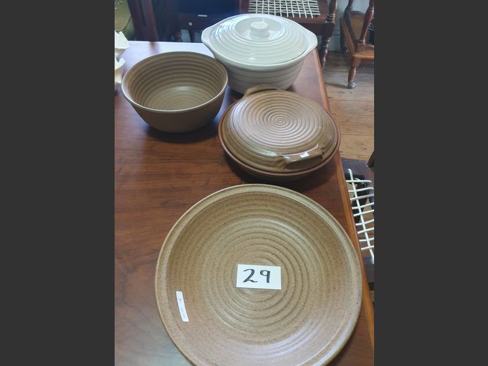 LOT: WHITE CERAMIC CASSEROLE WITH LID, STONEWARE CASSEROLE WITH LID, etc