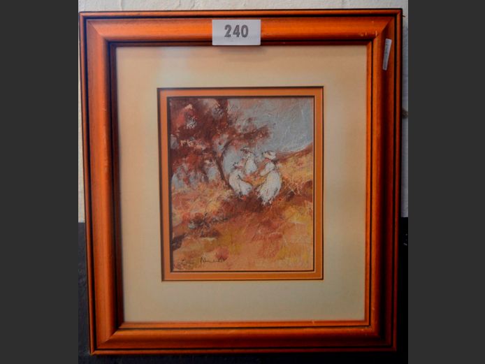 FRAMED MIXED MEDIA ON PAPER "FIGURES IN FIELD", 26 x 21.5cm