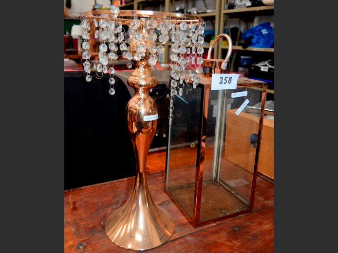 GLASS ORNAMENT & BRASS & GLASS HURRICANE CANDLE LANTERN