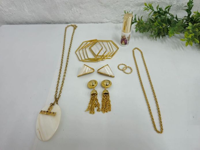 Gold Tone Costume Jewelry Lot & Perfume Bottle