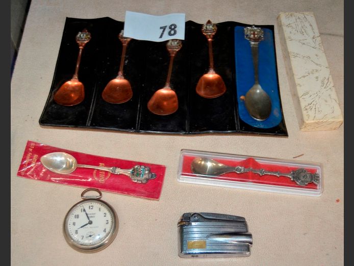 WESTCLOCK ZOBO FOB WATCH, VINTAGE LIGHTER & COLLECTABLE SPOONS