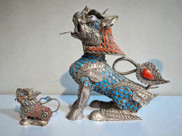 Tibeto-Chinese Filigree Silver-Tone Incense Burners with Coral & Turquoise Inlay