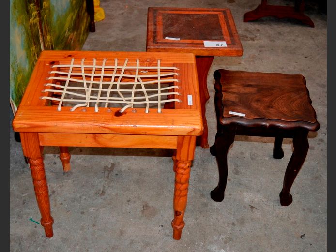 PINE RIEMPIE STOOL, 47 x 37 x 46cm, IMBUIA SIDE TABLE, 31 x 30 x 46cm, & STINKWOOD SIDE TABLE, 30 x 30 x 37cm [Riempies needed for stool]