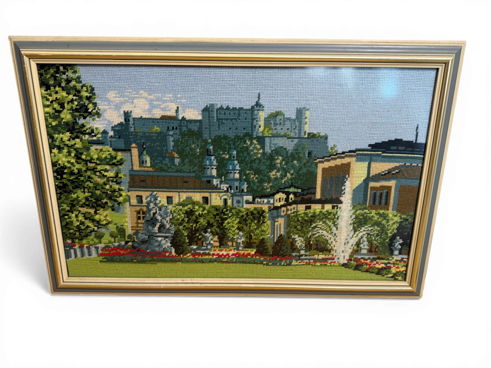 Large Framed Needlepoint / Tapestry – European Palace Garden Scene