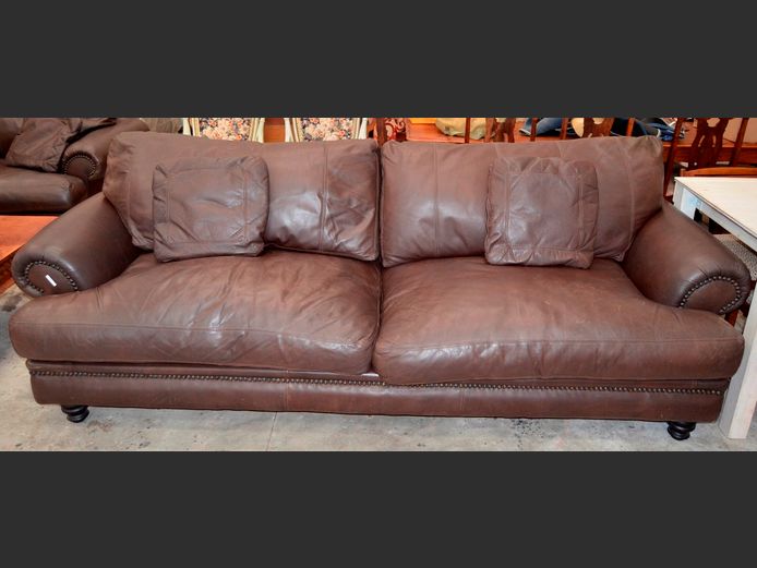 BROWN LEATHER OVERSIZED 2-SEATER COUCH WITH STUD DETAIL, 265 x 105cm