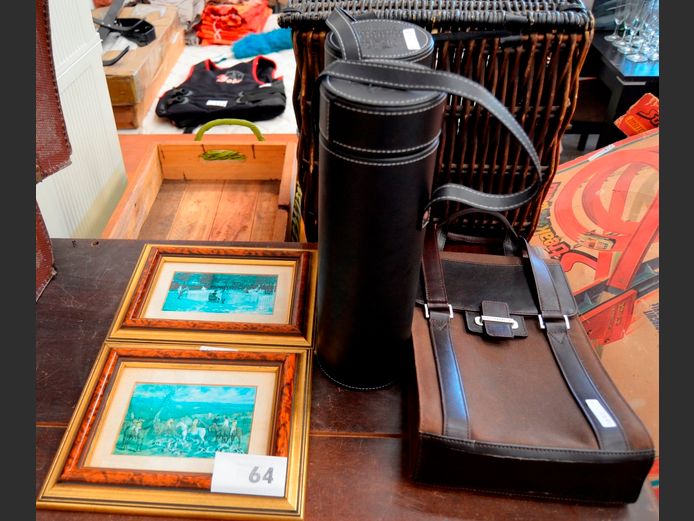 PAIR GILT & WALNUT FRAMED PRINTS, 14 x 9cm, WINE BAG, etc