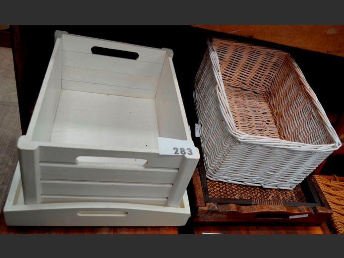 DARKWOOD TRAYS, WICKER BASKETS, WHITE STORAGE CRATE, tec