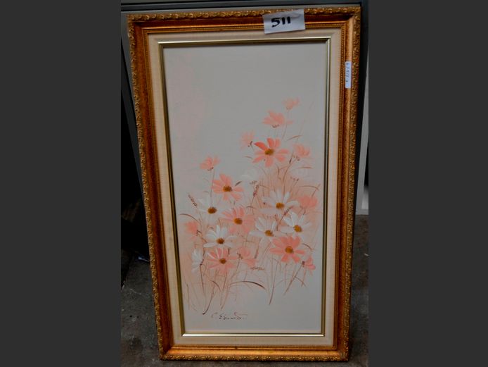 GILT FRAMED OIL ON BOARD "FLOWERS", 59 x 28.5cm