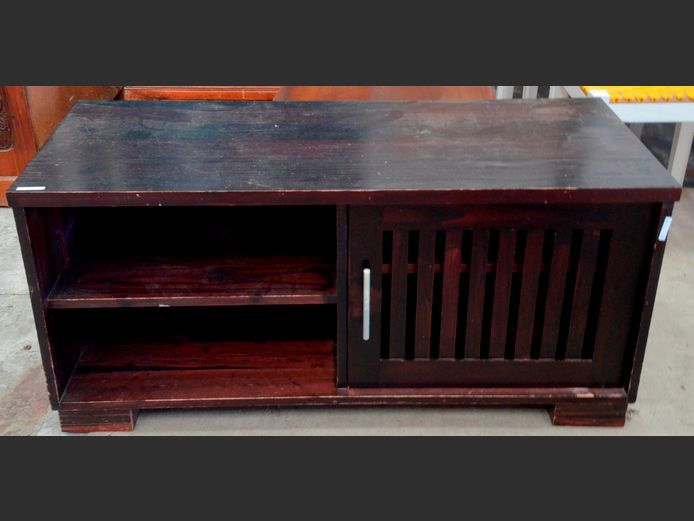 STAINED PINE SINGLE DOOR, 2-TIER TV STAND, 120 x 50 x 56cm [Needs re-staining]